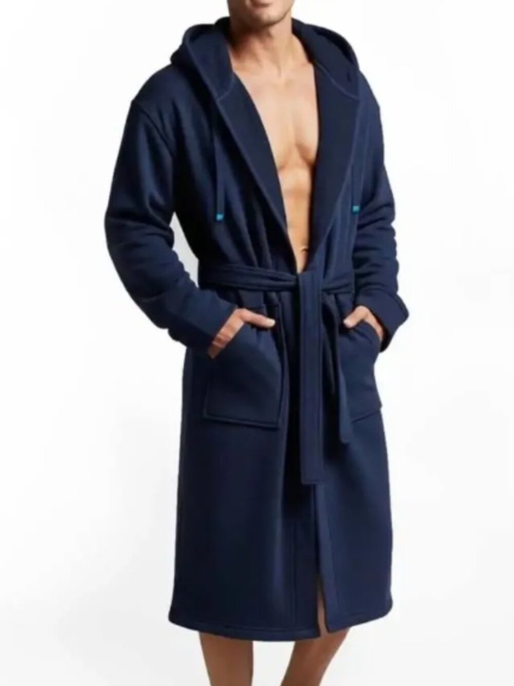 Dude Robe Navy Blue Hooded Pockets Front Tie Towel Soft Sleep Bath Robe L XL